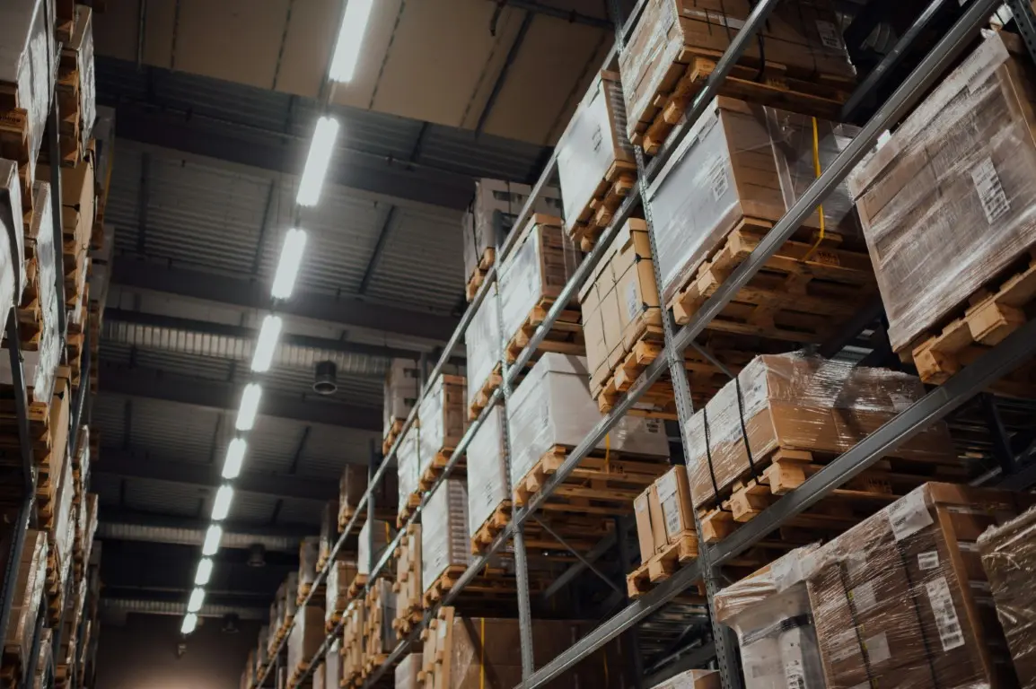 Warehouse shelves with boxes